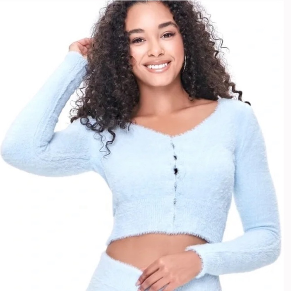 Baby blue fuzzy cropped cardigan